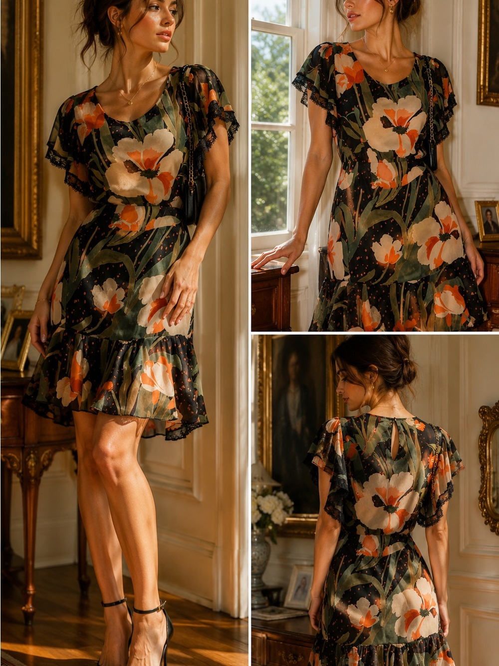 Twinset Milano Floral Lace Trim Chiffon Dress Black Italian Designer Medium